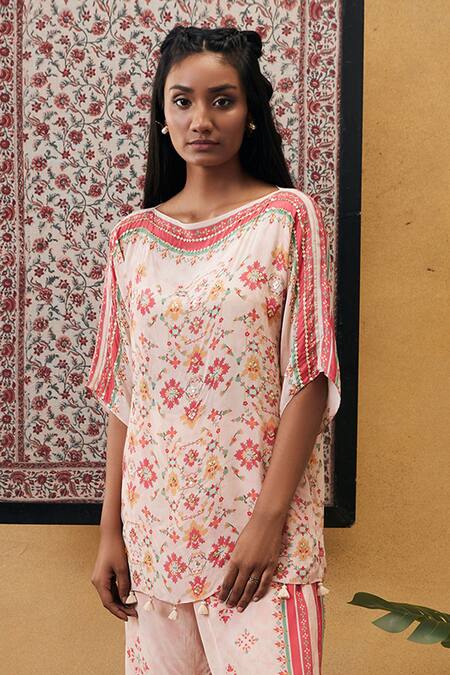 Soup by Sougat Paul_Pink Crepe Embroidery, Sequins Round Neck Zahra Printed Co-ord Set _Online_at_Aza_Fashions