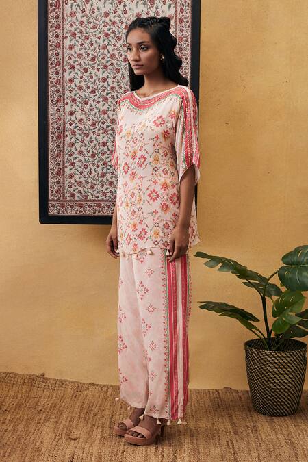 Buy_Soup by Sougat Paul_Pink Crepe Embroidery, Sequins Round Neck Zahra Printed Co-ord Set _Online_at_Aza_Fashions