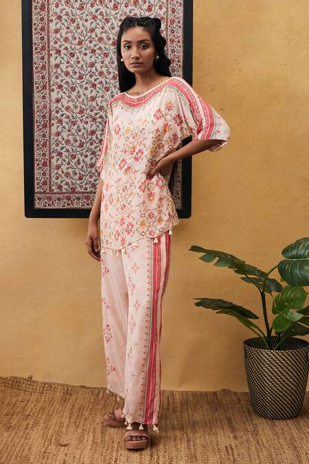 Shop_Soup by Sougat Paul_Pink Crepe Embroidery, Sequins Round Neck Zahra Printed Co-ord Set _Online_at_Aza_Fashions