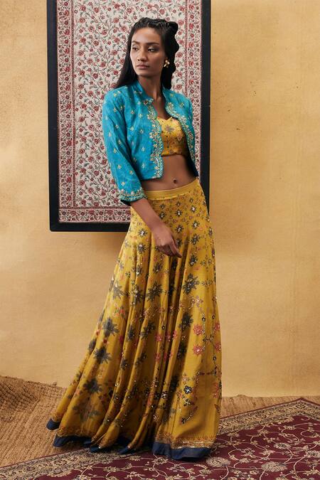 Soup By Sougat Paul_Yellow Silk Sequins, Embroidery Round Neck Zahra Printed Jacket Lehenga Set _Online_at_Aza_Fashions