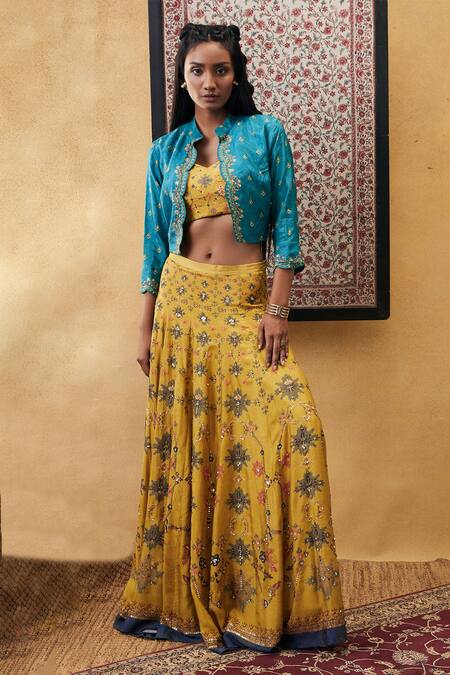 Buy_Soup By Sougat Paul_Yellow Silk Sequins, Embroidery Round Neck Zahra Printed Jacket Lehenga Set _Online_at_Aza_Fashions