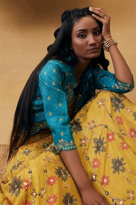 Shop_Soup By Sougat Paul_Yellow Silk Sequins, Embroidery Round Neck Zahra Printed Jacket Lehenga Set _Online_at_Aza_Fashions