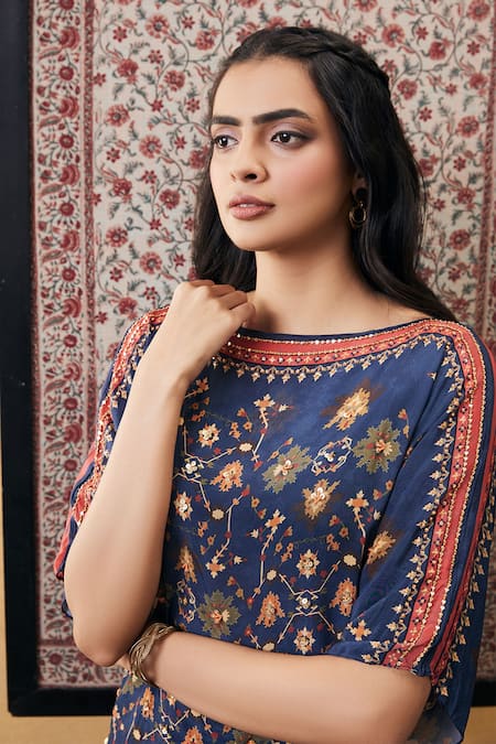 Buy_Soup By Sougat Paul_Blue Crepe Embroidery, Sequins Round Neck Zahra Floral Print Co-ord Set _Online_at_Aza_Fashions