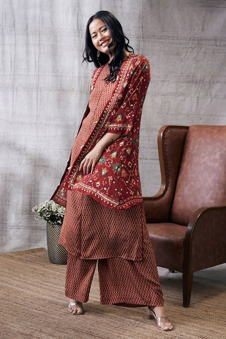 Soup By Sougat Paul_Red Crepe Tassels Round Neck, Open Zahra Printed Kurta And Palazzo Set With Jacket _Online_at_Aza_Fashions