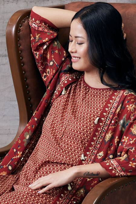 Shop_Soup By Sougat Paul_Red Crepe Tassels Round Neck, Open Zahra Printed Kurta And Palazzo Set With Jacket _Online_at_Aza_Fashions