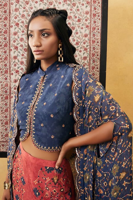 Soup By Sougat Paul_Blue Crepe, Chiffon Sequins, Embroidery Zahra Floral Print Cape Palazzo Set _Online_at_Aza_Fashions