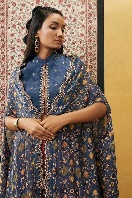 Buy_Soup By Sougat Paul_Blue Crepe, Chiffon Sequins, Embroidery Zahra Floral Print Cape Palazzo Set _Online_at_Aza_Fashions
