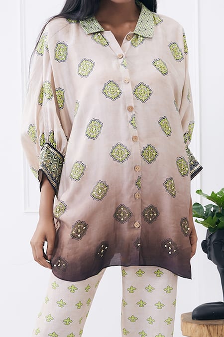 Soup by Sougat Paul_Beige Cotton, Silk Collared Ela Printed Co-ord Set _Online_at_Aza_Fashions