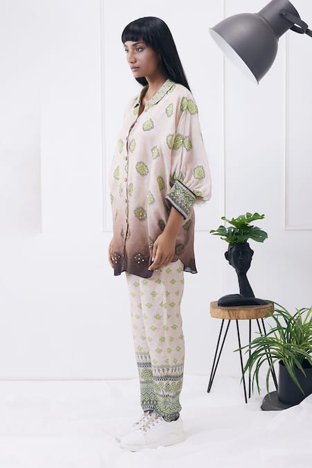 Buy_Soup by Sougat Paul_Beige Cotton, Silk Collared Ela Printed Co-ord Set _Online_at_Aza_Fashions