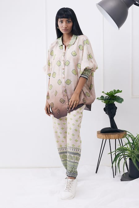 Shop_Soup by Sougat Paul_Beige Cotton, Silk Collared Ela Printed Co-ord Set _Online_at_Aza_Fashions