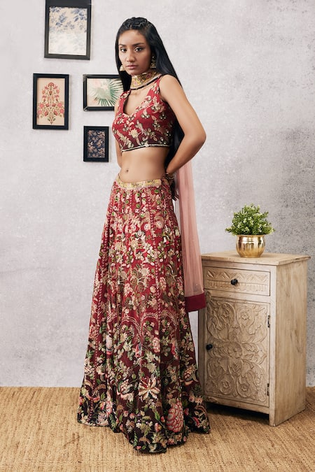 Soup By Sougat Paul_Red Silk, Net Embroidery, Sequins Round Neck Mehr Lehenga Set _Online_at_Aza_Fashions