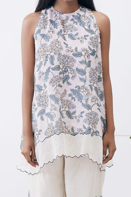 Soup By Sougat Paul_Cream Handloom Cotton, Silk Embroidery Round Neck Yasmin Printed Co-ord Set _Online_at_Aza_Fashions