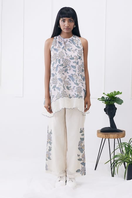 Buy_Soup By Sougat Paul_Cream Handloom Cotton, Silk Embroidery Round Neck Yasmin Printed Co-ord Set _Online_at_Aza_Fashions
