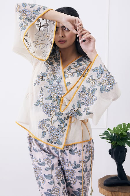 Buy_Soup By Sougat Paul_Cream Handloom Cotton, Silk Embroidery V-neck Yasmin Printed Overlap Co-ord Set _Online_at_Aza_Fashions