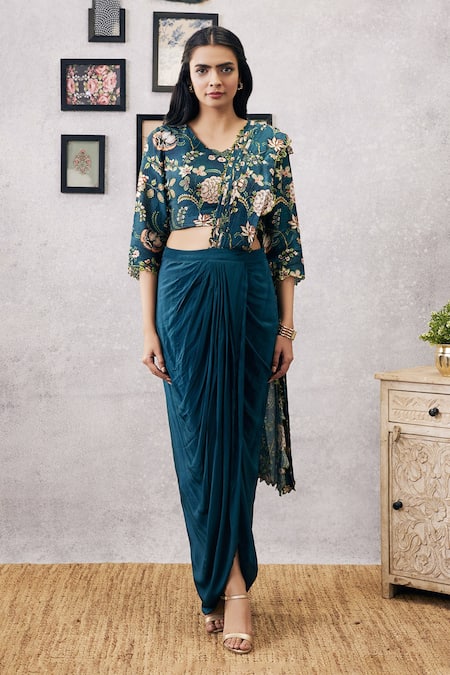 Soup By Sougat Paul_Green Crepe, Silk, Maheshwari Mehr Pre-draped Saree With Printed Blouse _Online_at_Aza_Fashions