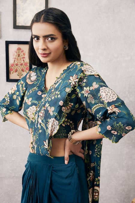 Buy_Soup By Sougat Paul_Green Crepe, Silk, Maheshwari Mehr Pre-draped Saree With Printed Blouse _Online_at_Aza_Fashions