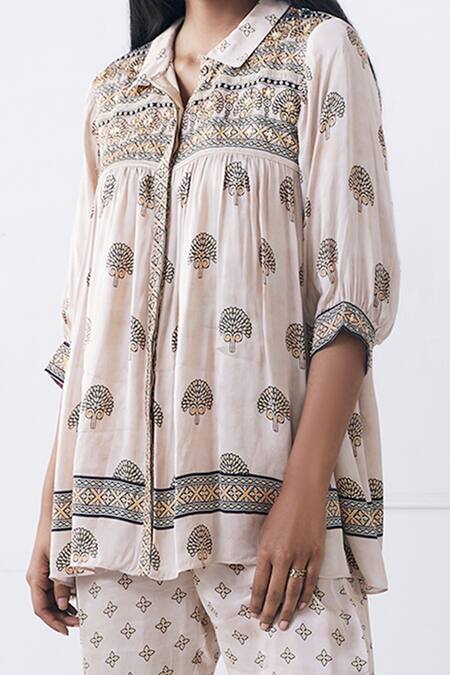 Soup By Sougat Paul_Beige Satin Shawl Neck Ornamental Print Tunic And Pant Set _Online_at_Aza_Fashions