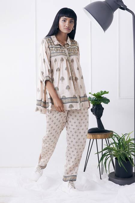Buy_Soup By Sougat Paul_Beige Satin Shawl Neck Ornamental Print Tunic And Pant Set _Online_at_Aza_Fashions