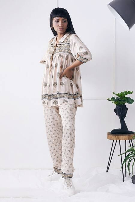Soup By Sougat Paul_Beige Satin Shawl Neck Ornamental Print Tunic And Pant Set _at_Aza_Fashions