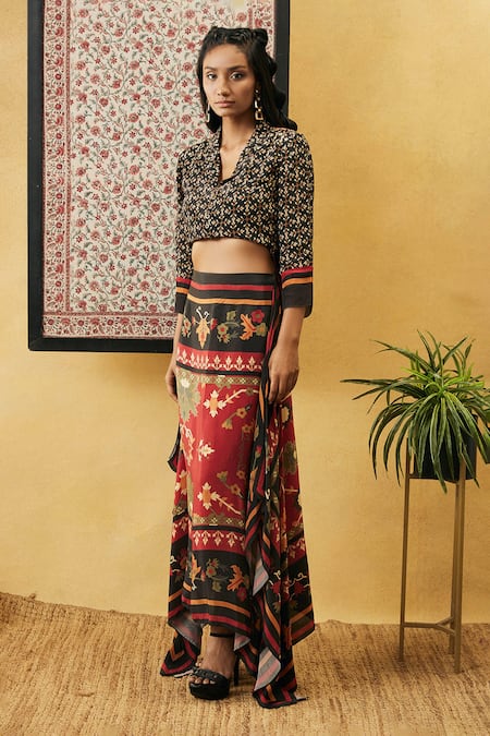 Soup By Sougat Paul_Multi Color Crepe Embroidery Collared Zahra Printed Skirt And Top Set _Online_at_Aza_Fashions