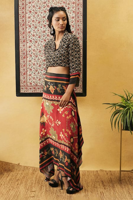 Buy_Soup By Sougat Paul_Multi Color Crepe Embroidery Collared Zahra Printed Skirt And Top Set _Online_at_Aza_Fashions