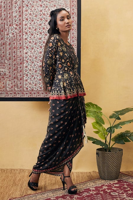 Soup By Sougat Paul_Black Cotton, Silk Embroidery Round Zahra Printed Draped Dress And Jacket Set _Online_at_Aza_Fashions