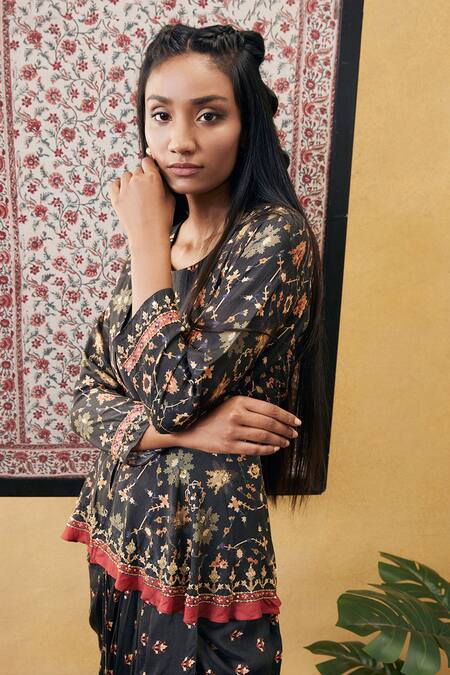 Buy_Soup By Sougat Paul_Black Cotton, Silk Embroidery Round Zahra Printed Draped Dress And Jacket Set _Online_at_Aza_Fashions