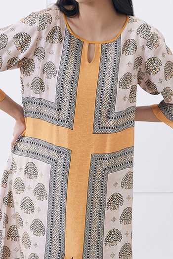 Soup By Sougat Paul_Beige Satin Keyhole Neck Floral Print Boxy Maxi Dress _Online_at_Aza_Fashions