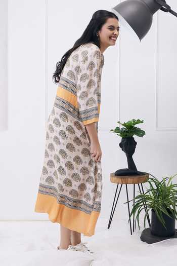 Buy_Soup By Sougat Paul_Beige Satin Keyhole Neck Floral Print Boxy Maxi Dress _Online_at_Aza_Fashions