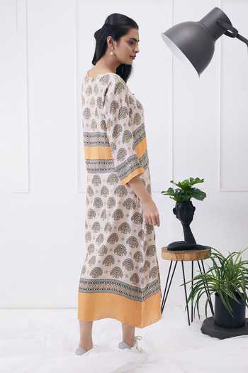 Shop_Soup By Sougat Paul_Beige Satin Keyhole Neck Floral Print Boxy Maxi Dress _Online_at_Aza_Fashions