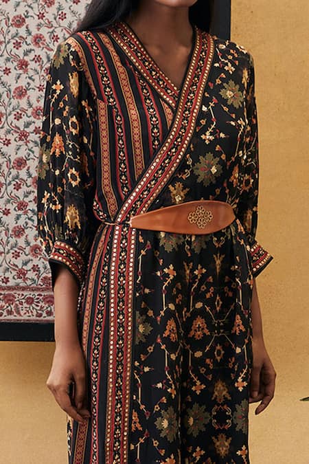 Soup By Sougat Paul_Black Cotton Embroidery V-neck Zahra Floral Print Jumpsuit _Online_at_Aza_Fashions