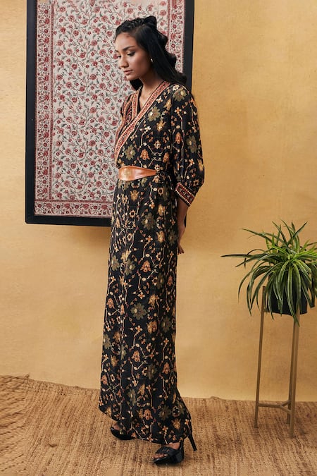 Shop_Soup By Sougat Paul_Black Cotton Embroidery V-neck Zahra Floral Print Jumpsuit _Online_at_Aza_Fashions