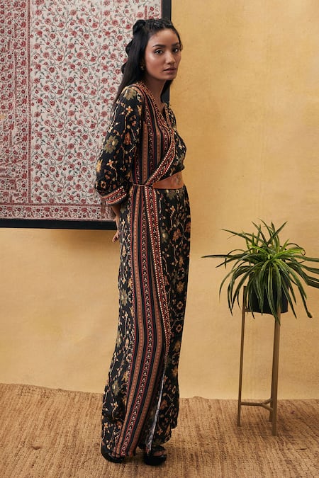 Soup By Sougat Paul_Black Cotton Embroidery V-neck Zahra Floral Print Jumpsuit _at_Aza_Fashions