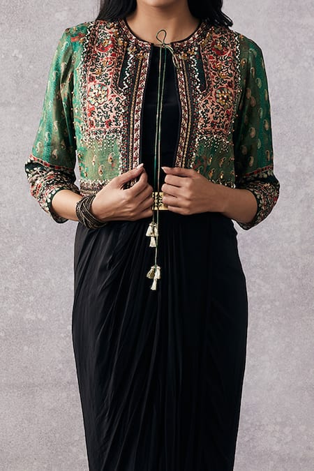 Soup By Sougat Paul_Black Crepe, Silk Sequins, Beads Ikaya Draped Dress And Embroidered Jacket Set _Online_at_Aza_Fashions