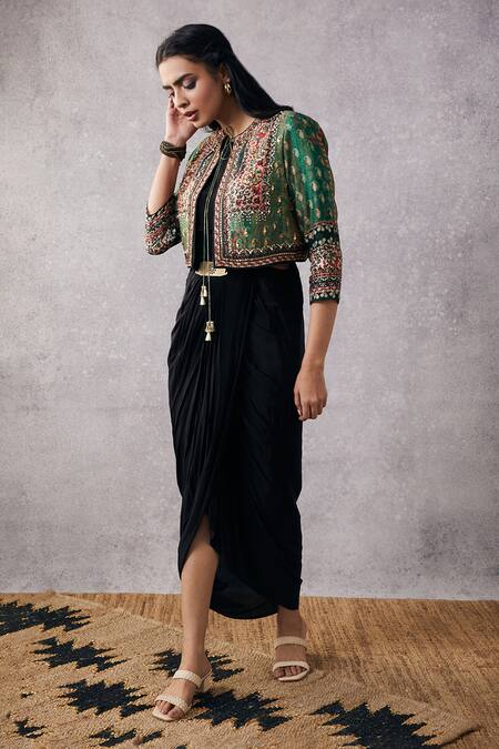 Buy_Soup By Sougat Paul_Black Crepe, Silk Sequins, Beads Ikaya Draped Dress And Embroidered Jacket Set _Online_at_Aza_Fashions
