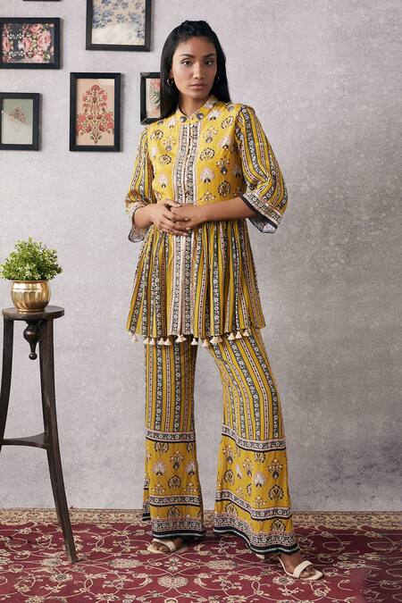 Soup By Sougat Paul_Yellow Crepe Tassels, Sequins, Embroidery Floral Print Peplum Kurta And Pant Set _Online_at_Aza_Fashions
