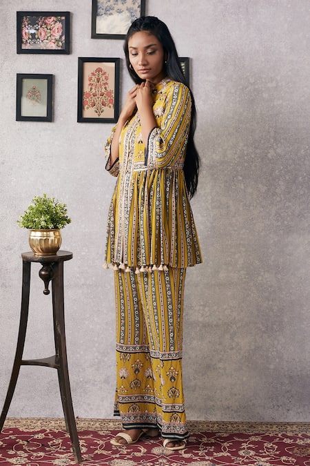 Buy_Soup By Sougat Paul_Yellow Crepe Tassels, Sequins, Embroidery Floral Print Peplum Kurta And Pant Set _Online_at_Aza_Fashions