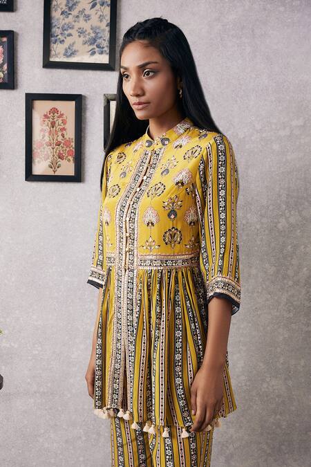 Shop_Soup By Sougat Paul_Yellow Crepe Tassels, Sequins, Embroidery Floral Print Peplum Kurta And Pant Set _Online_at_Aza_Fashions