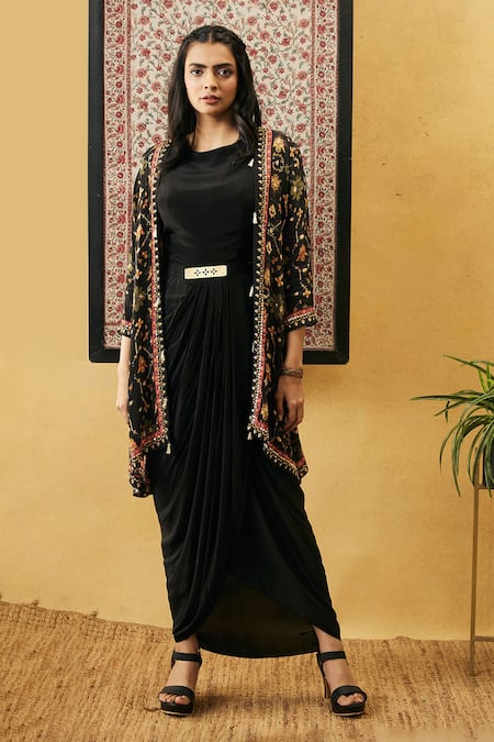 Soup By Sougat Paul_Black Crepe Tassels Round Neck, Open Zahra Draped Dress And Printed Jacket Set _Online_at_Aza_Fashions