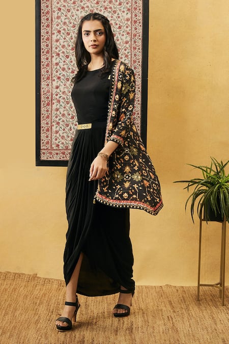 Buy_Soup By Sougat Paul_Black Crepe Tassels Round Neck, Open Zahra Draped Dress And Printed Jacket Set _Online_at_Aza_Fashions