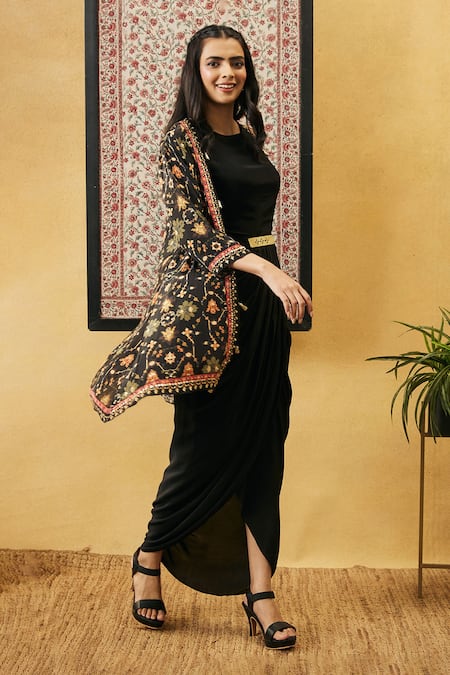 Shop_Soup By Sougat Paul_Black Crepe Tassels Round Neck, Open Zahra Draped Dress And Printed Jacket Set _Online_at_Aza_Fashions