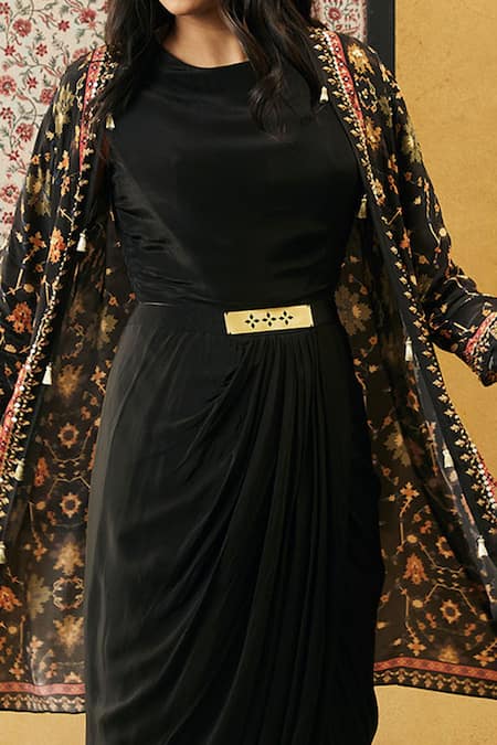 Soup By Sougat Paul_Black Crepe Tassels Round Neck, Open Zahra Draped Dress And Printed Jacket Set _at_Aza_Fashions