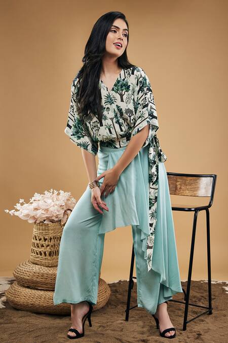 Soup By Sougat Paul_Multi Color Crepe, Rayon V-neck Palm Bay Print Top With Draped Pant _Online_at_Aza_Fashions