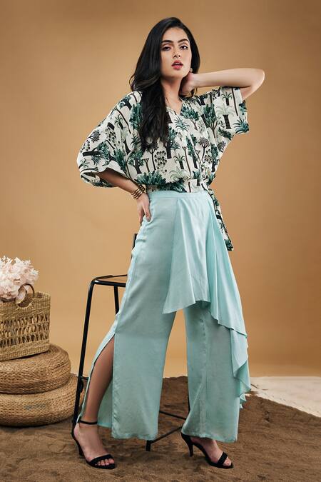 Buy_Soup By Sougat Paul_Multi Color Crepe, Rayon V-neck Palm Bay Print Top With Draped Pant _Online_at_Aza_Fashions