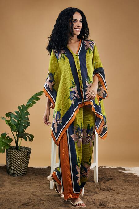 Buy_Soup By Sougat Paul_Green Cotton, Silk Embroidery V-neck Orchid Bloom Print Kimono Shirt With Pant _Online_at_Aza_Fashions
