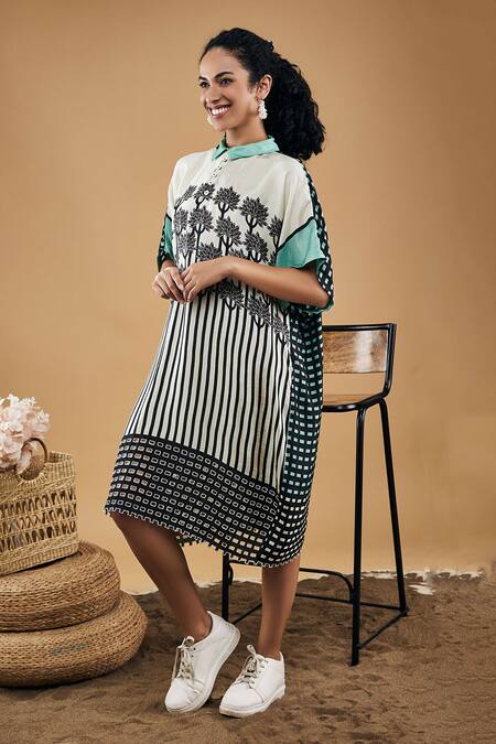 Soup By Sougat Paul_White Silk Collared Palm Bay Print Kimono Dress _Online_at_Aza_Fashions
