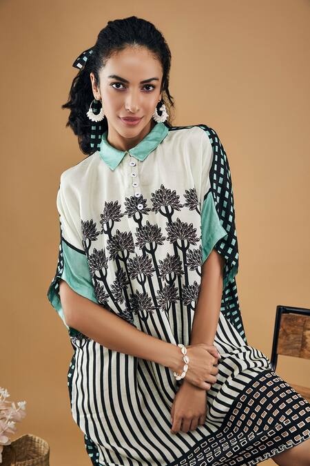 Shop_Soup By Sougat Paul_White Silk Collared Palm Bay Print Kimono Dress _Online_at_Aza_Fashions