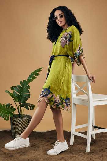 Soup By Sougat Paul Green Organza Collared Orchid Bloom Print Kimono Dress With Belt Online at Aza Fashions Soup By Sougat Paul_Green Organza Collared Orchid Bloom Print Kimono Dress With Belt _Online_at_Aza_Fashions