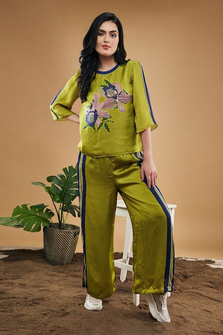 Buy_Soup By Sougat Paul_Green Organza, Satin Embroidery Round Orchid Bloom Print Top And Pant Co-ord Set _Online_at_Aza_Fashions