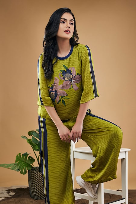 Shop_Soup By Sougat Paul_Green Organza, Satin Embroidery Round Orchid Bloom Print Top And Pant Co-ord Set _Online_at_Aza_Fashions
